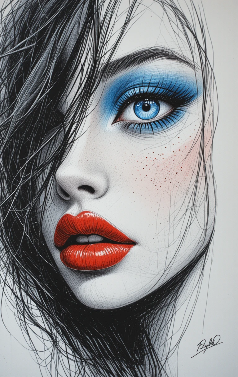 Close up drawing of a woman with blue eye and red lips