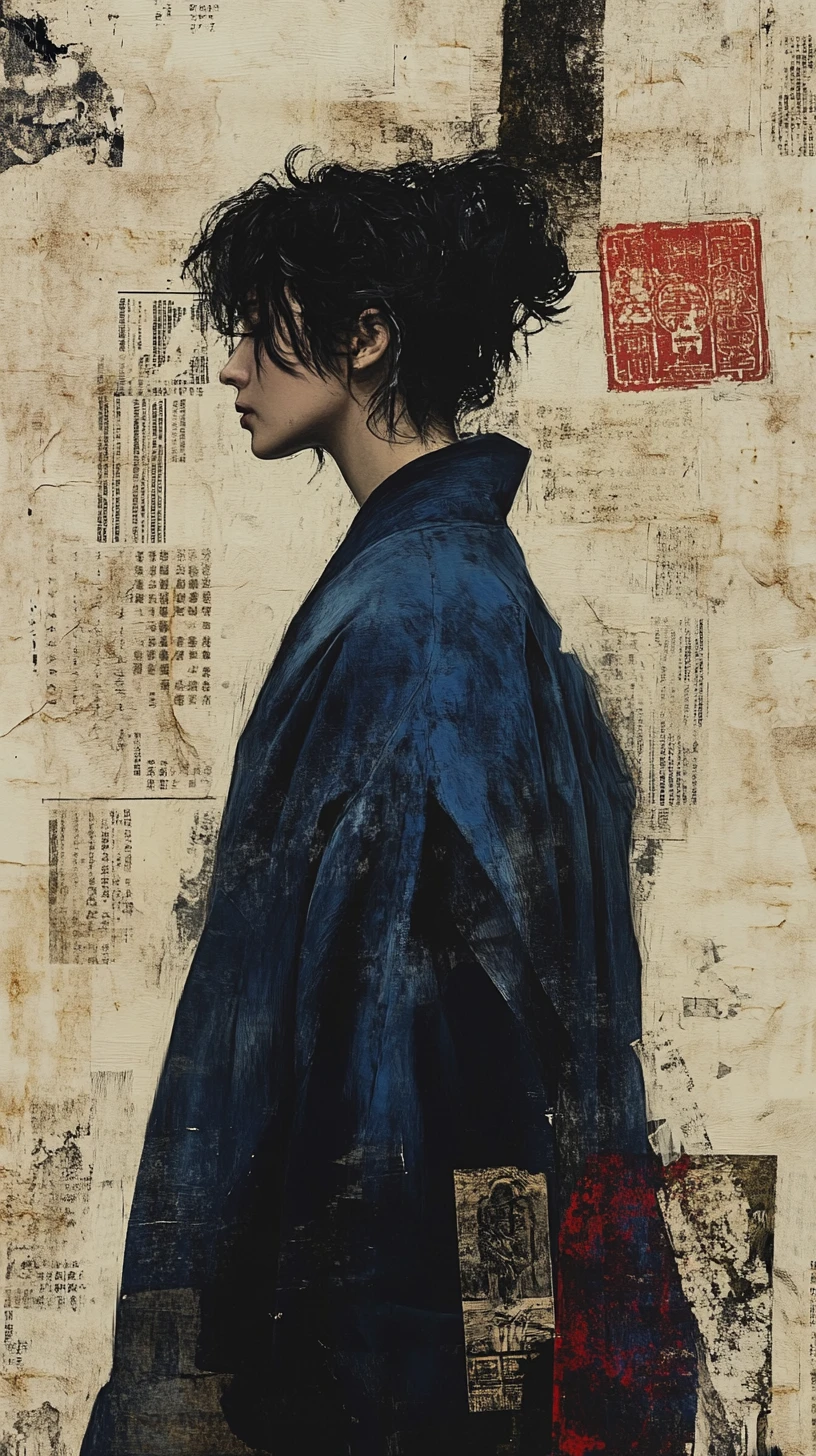 深藍長袍少女側臉拼貼肖像