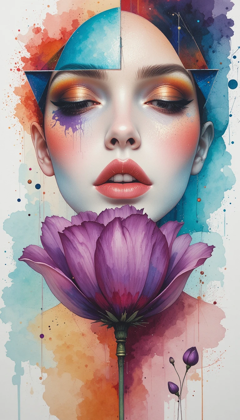 Mixed-Media-Porträt einer gelassenen Frau mit floralen Akzenten