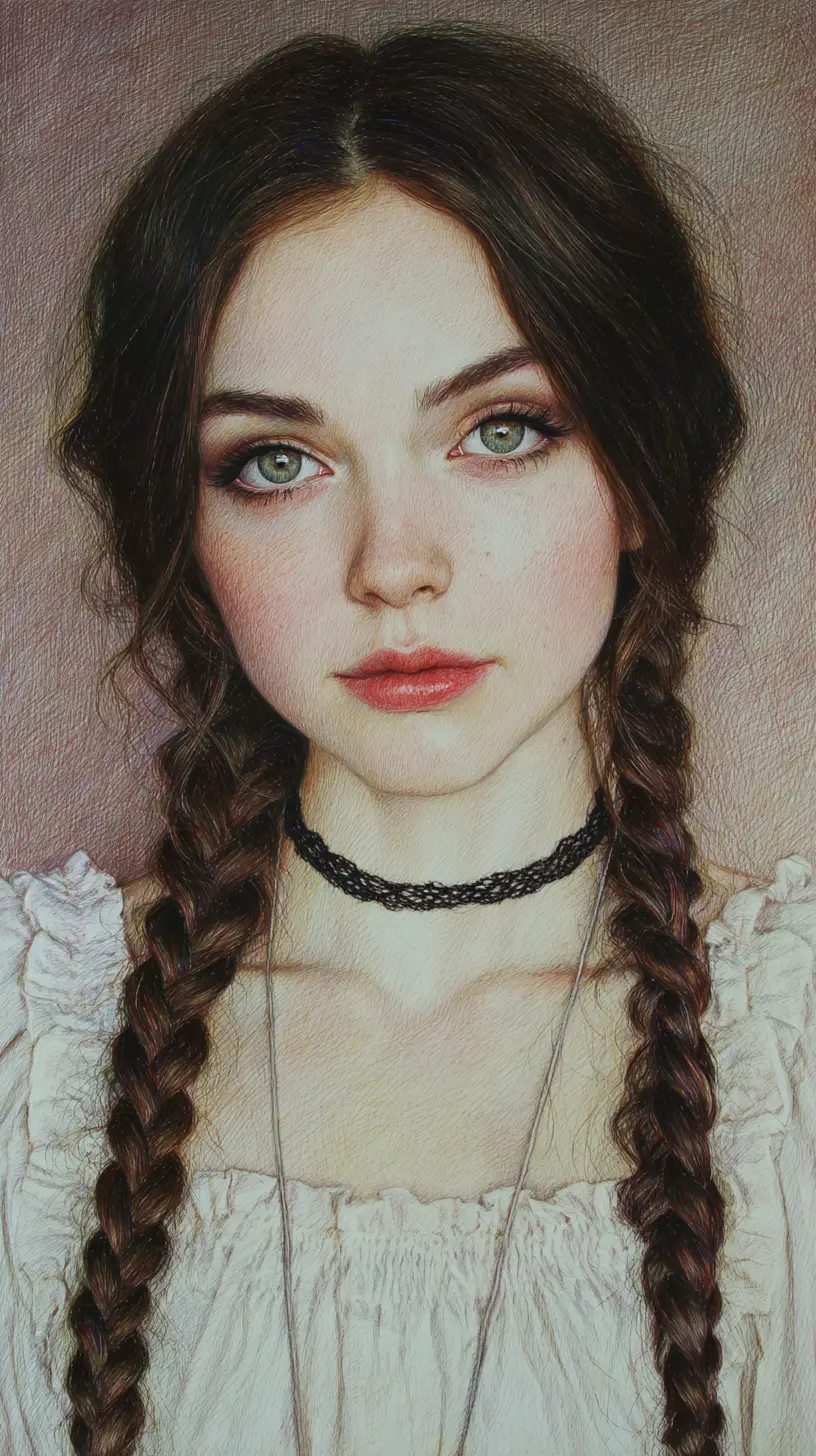 Colored pencil portrait of a young woman with braids