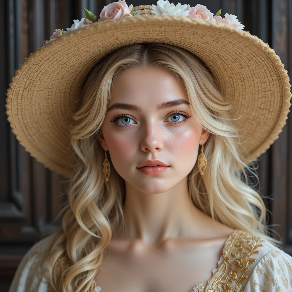 Young blonde woman in floral straw hat portrait