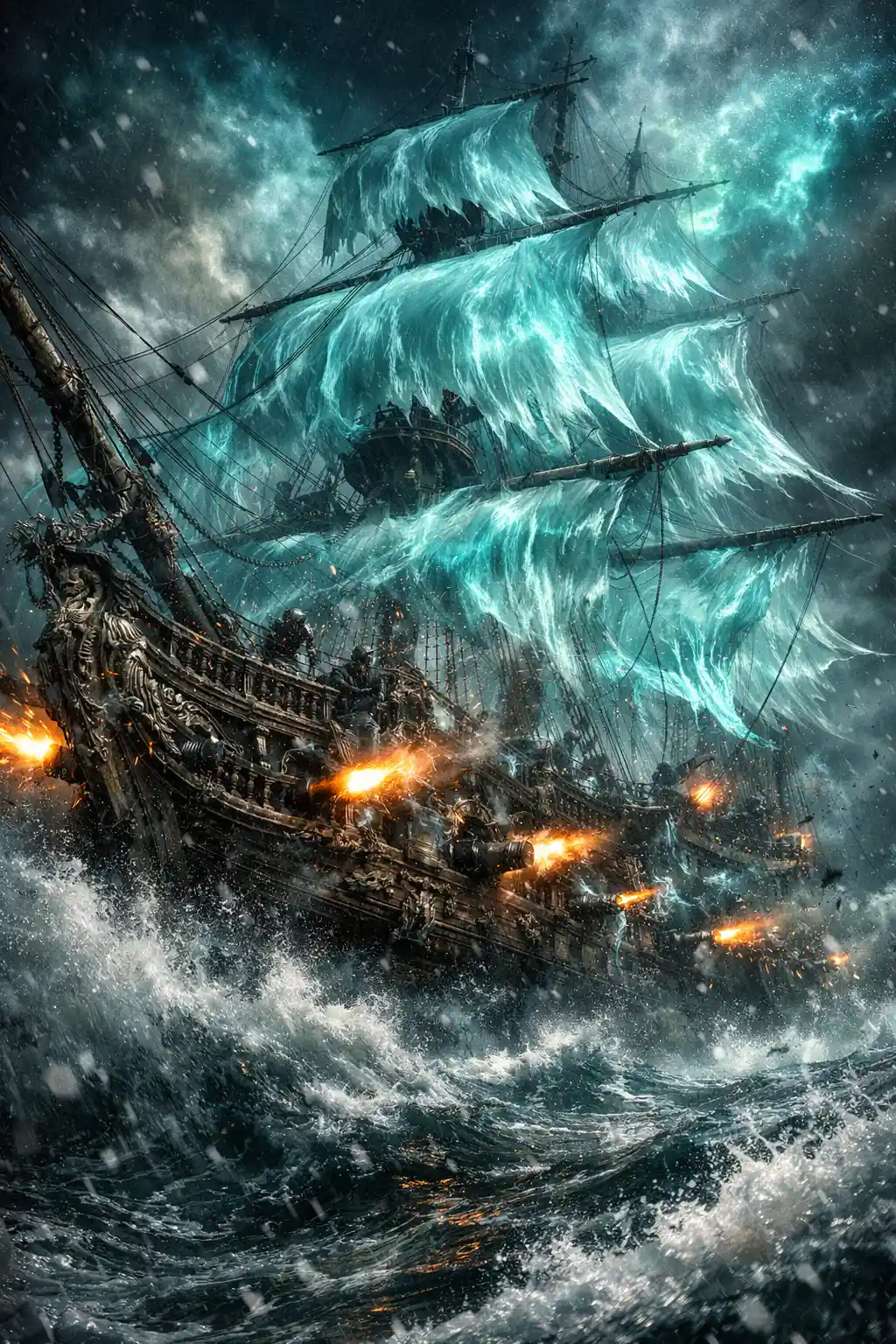 Ghost pirate ship battling waves in a stormy cosmic sea