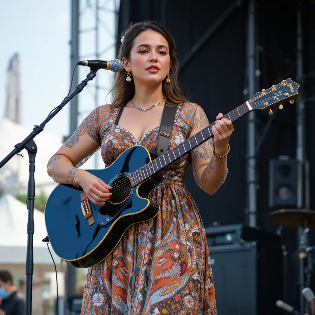 Woman in maxi dress playing guitar on outdoor festival stage