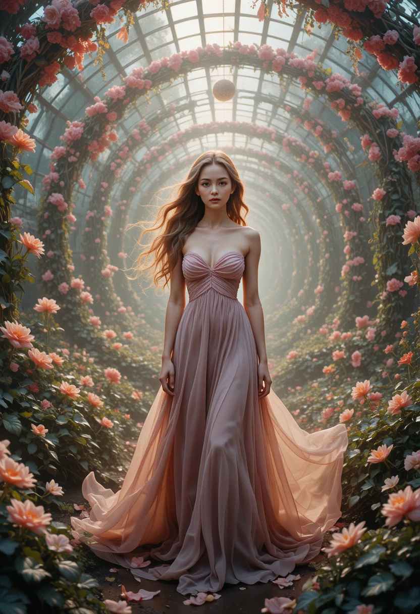 Frau mit Heterochromie in einem surrealen Spiralgarten