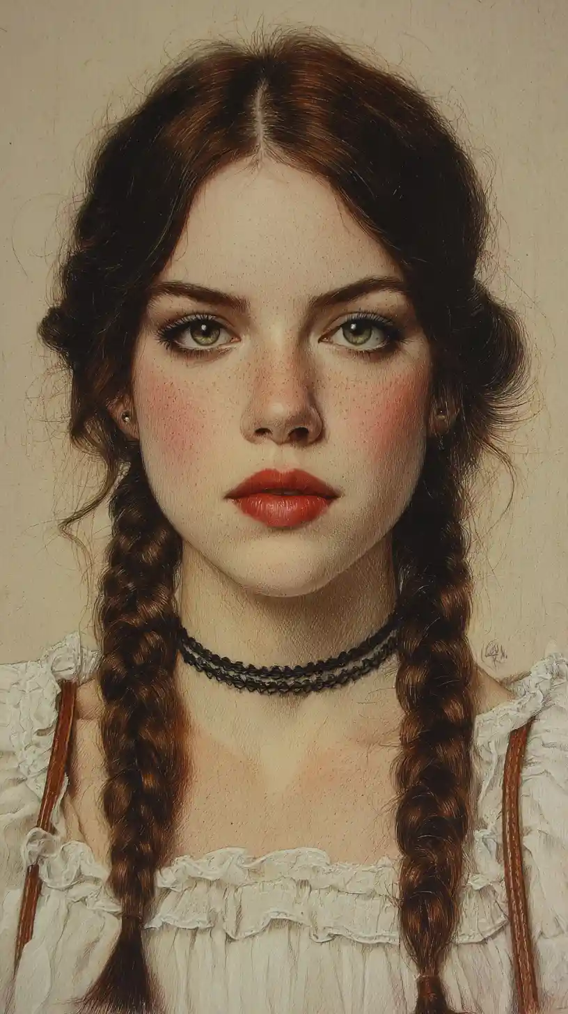 Colored pencil portrait of a girl with braids and red lips