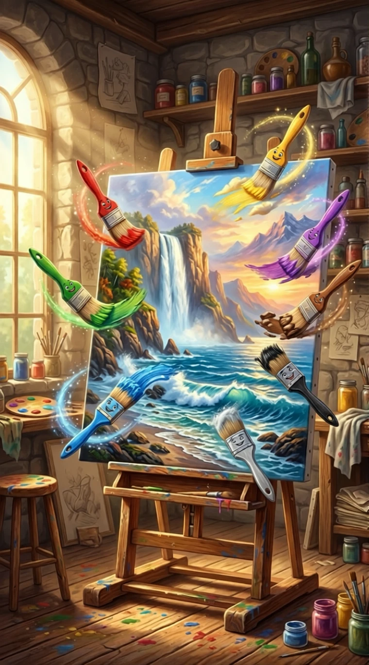 Magical paintbrushes creating a seaside waterfall canvas scene