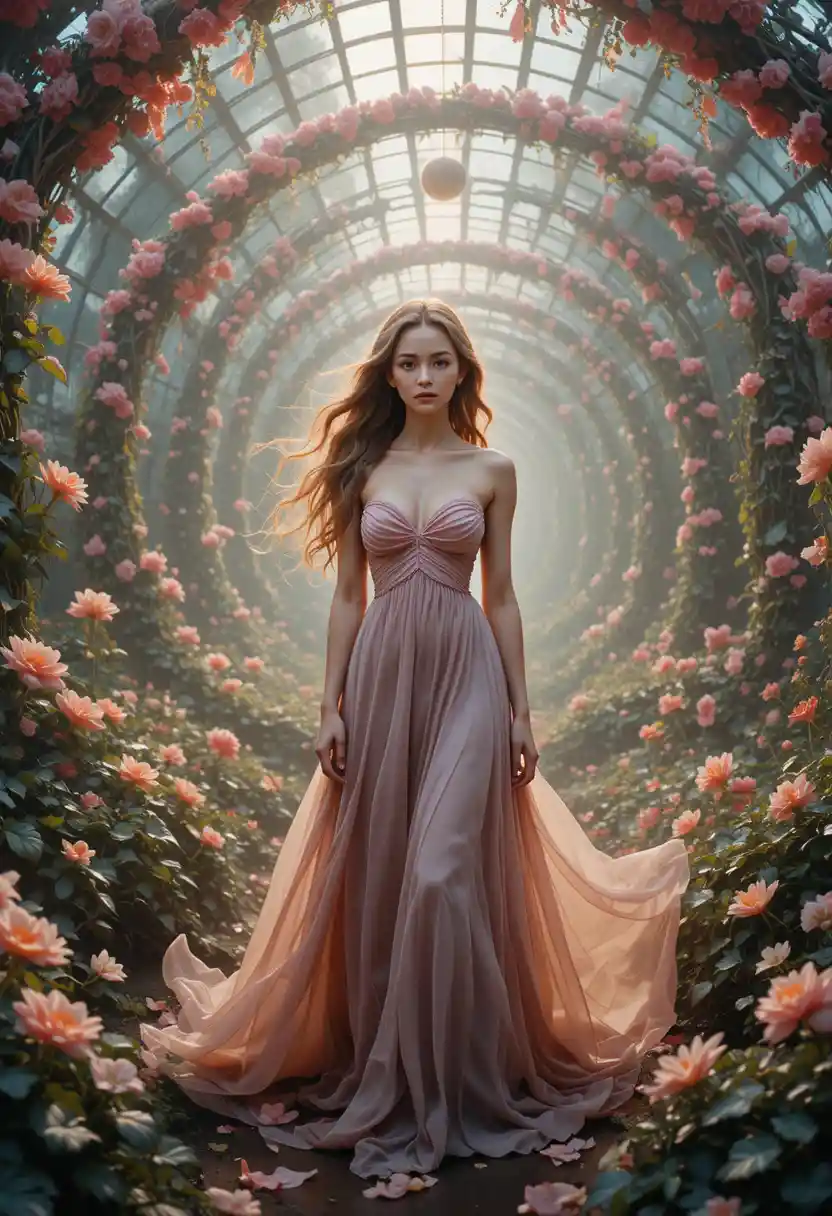Femme aux yeux hétérochromes dans un jardin en spirale surréaliste