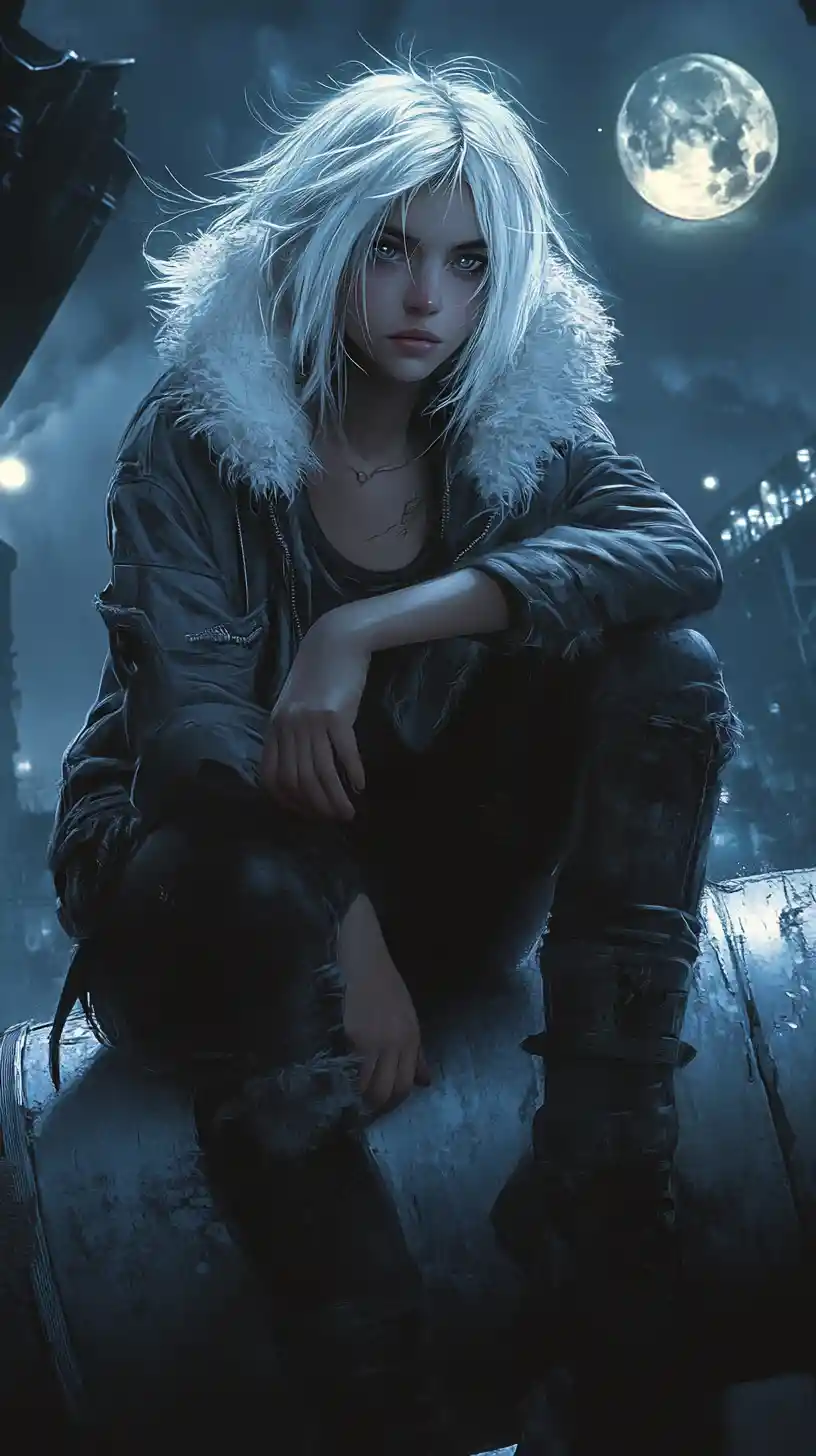 White haired anime woman on a pipe in moonlit ruins