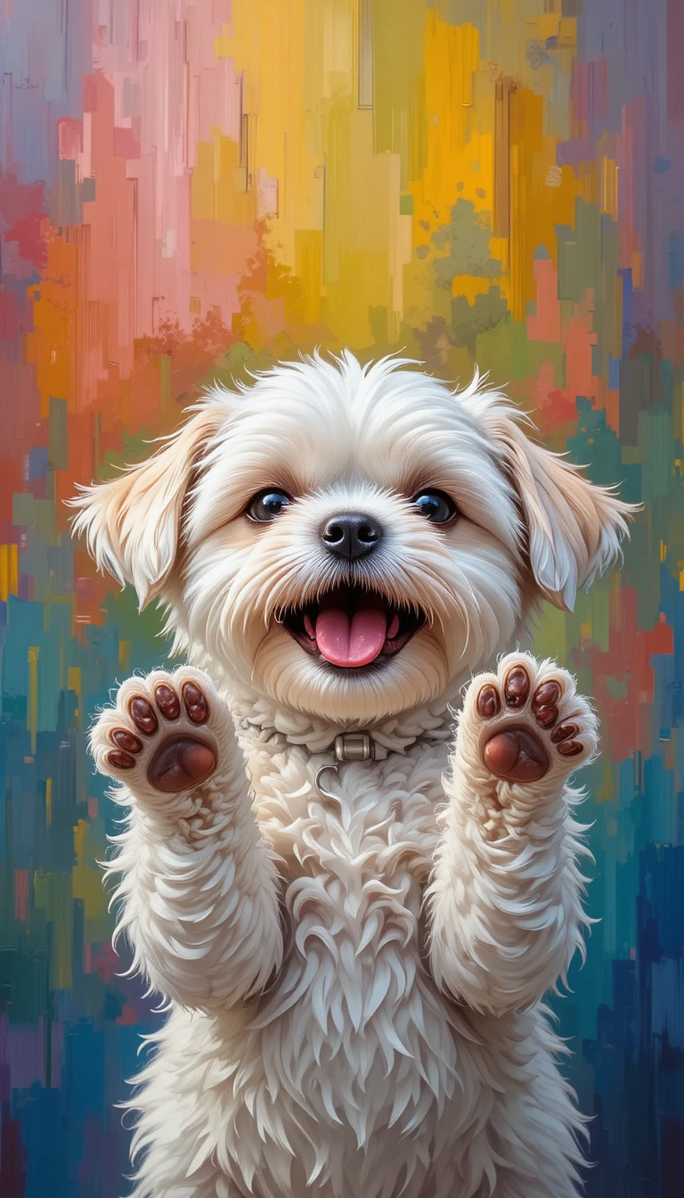 Süßer weißer Shih-Tzu-Welpe mit erhobenen Pfoten und fröhlichem Lächeln
