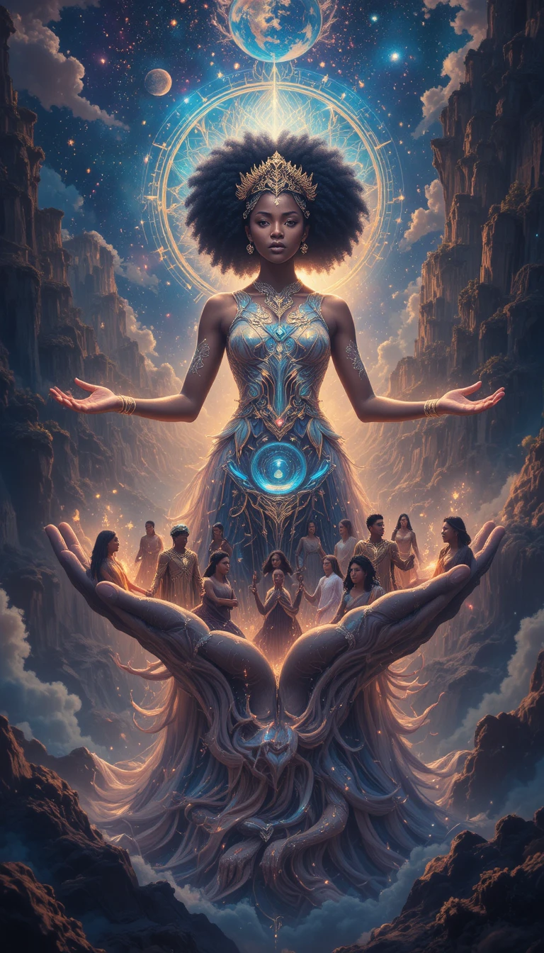 Afrofuturistic goddess cradling diverse people in her hands