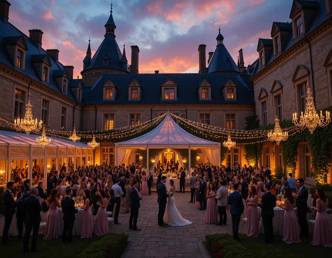 Sunset wedding reception at a French chateau courtyard