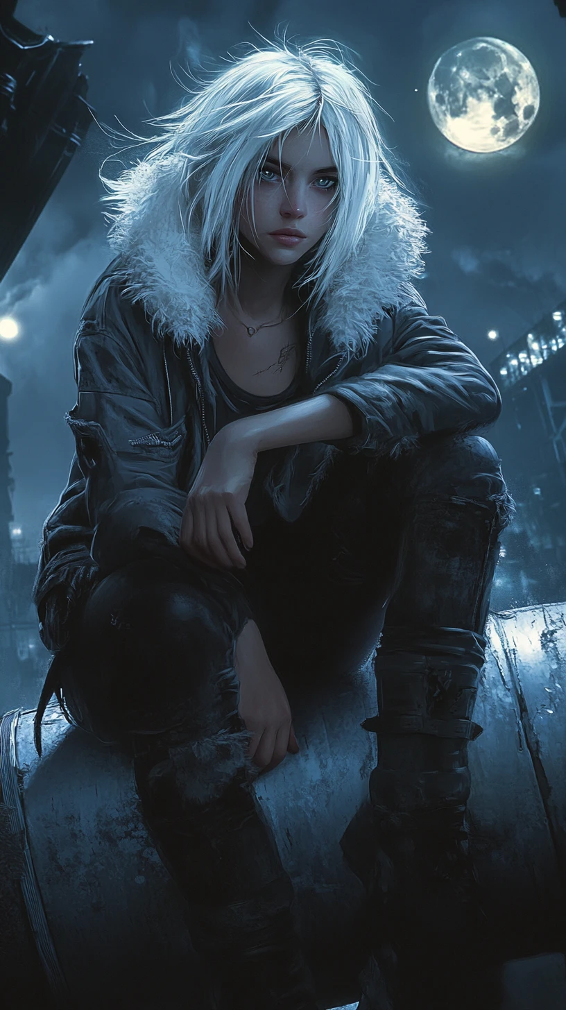 White haired anime woman on a pipe in moonlit ruins