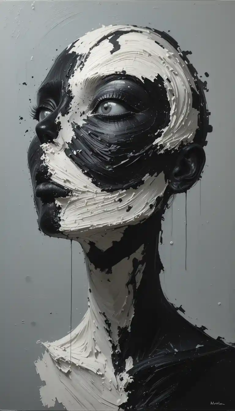 Abstract impasto portrait of a melting ebony human figure