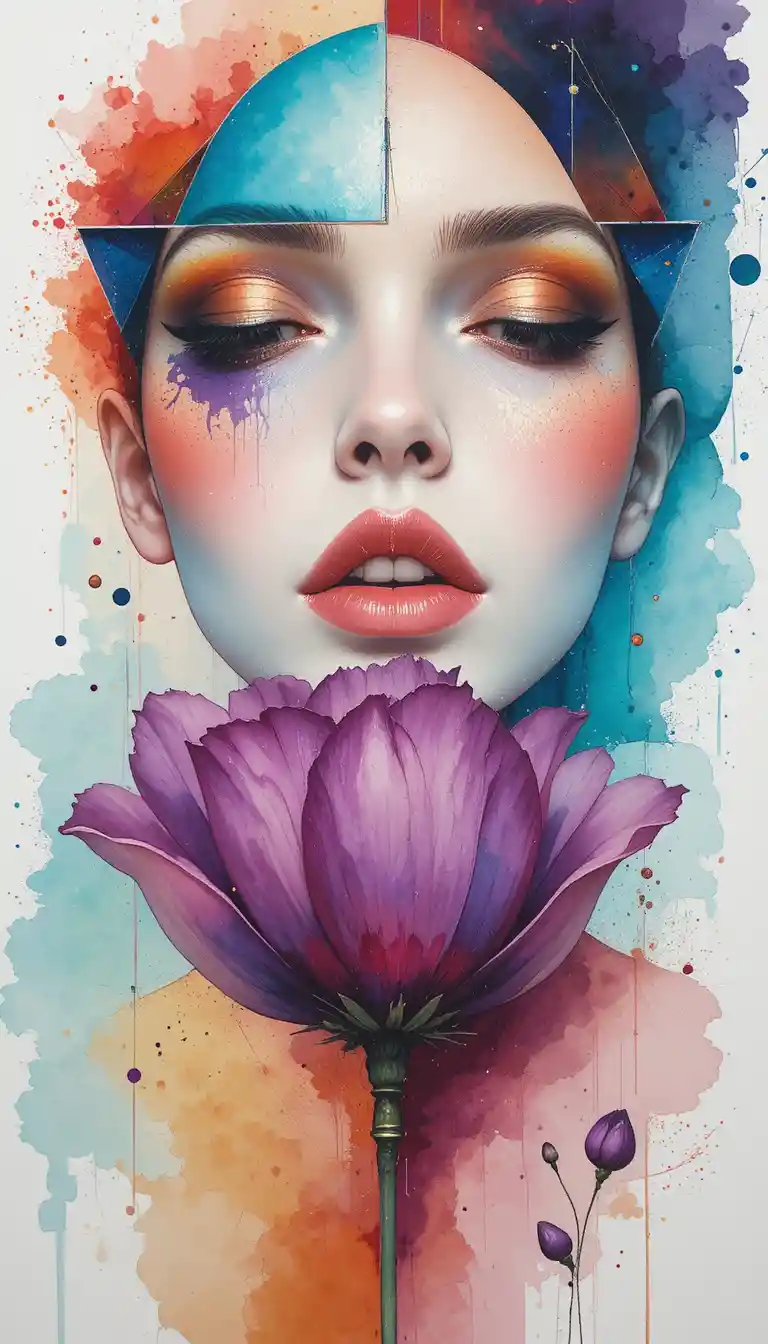 Mixed-Media-Porträt einer gelassenen Frau mit floralen Akzenten