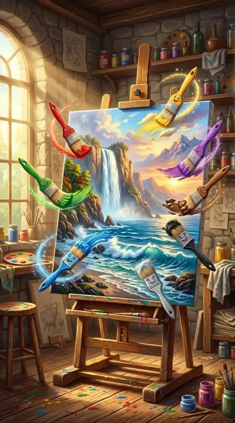 Magical paintbrushes creating a seaside waterfall canvas scene