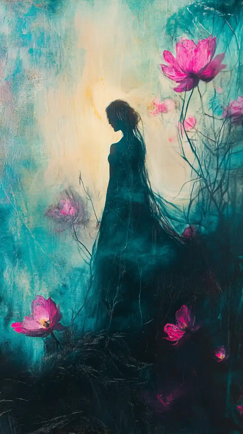 Ätherische Frau in magentafarbenen Blüten, die nach einer leuchtenden Blume greift