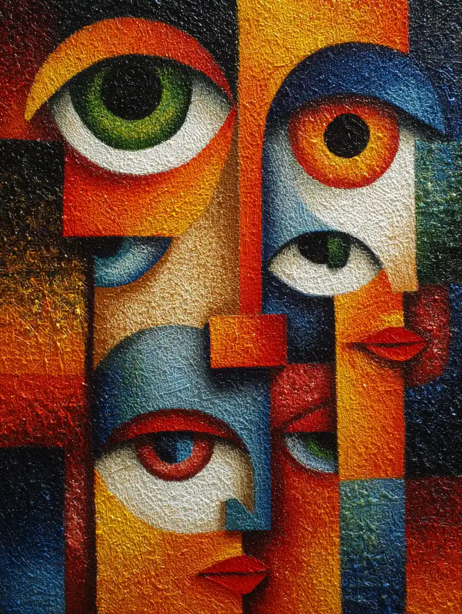 Cubist surreal group portrait with fragmented geometric faces