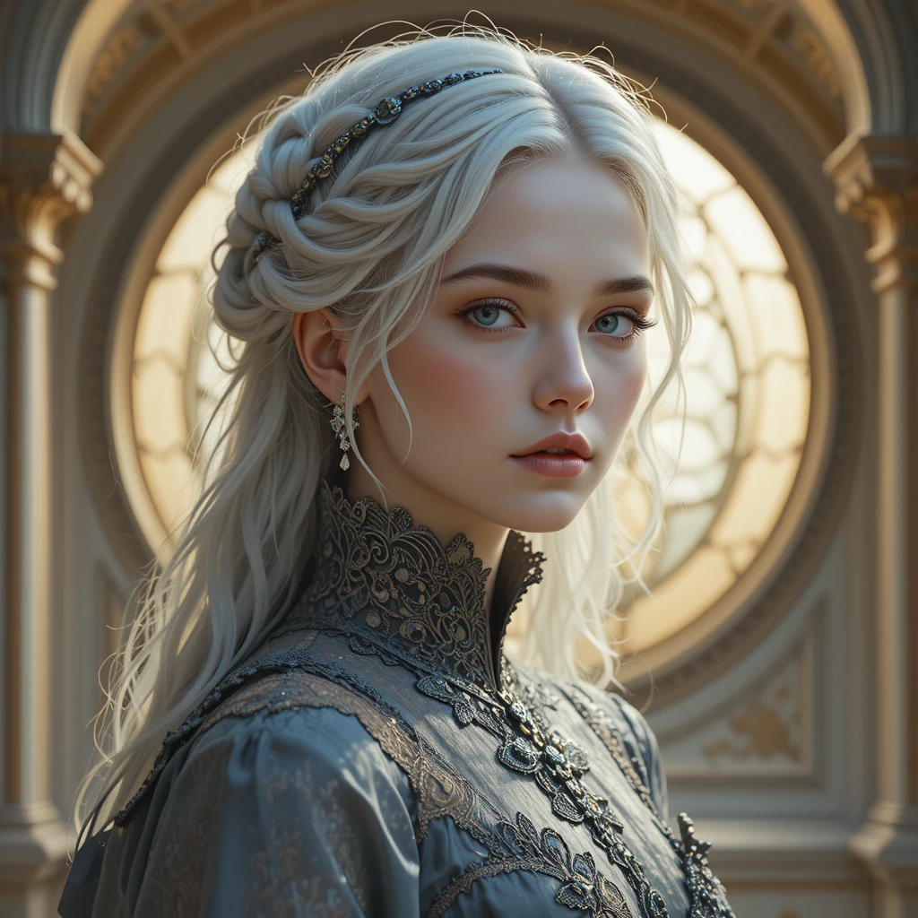 Ethereal silver haired woman in victorian inspired gray gown
