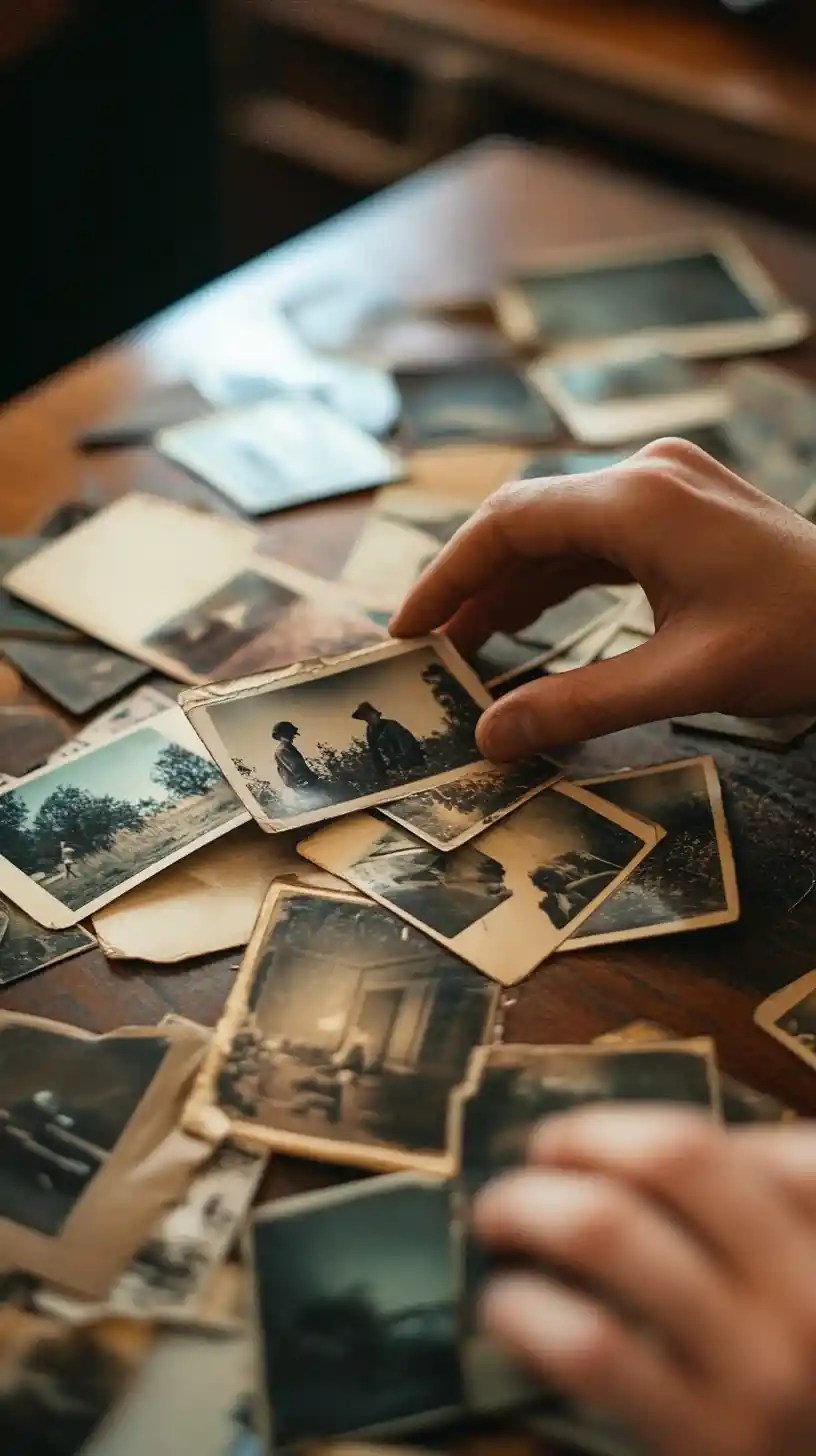 Polaroids descoloridas esparcidas sobre una mesa de madera a la luz suave