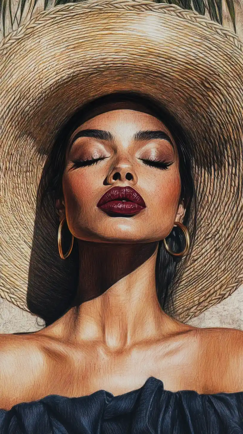 Elegant woman in straw hat portrait drawing with shadows