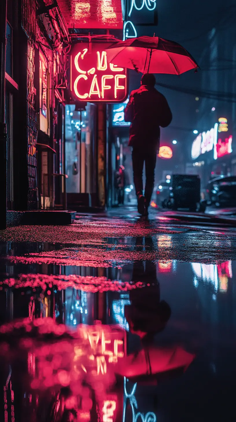 Neon reflections in puddles on a quiet city sidewalk