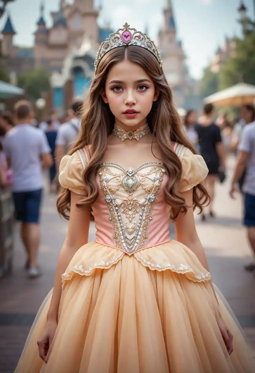 Tween boy in princess dress at a sunny theme park