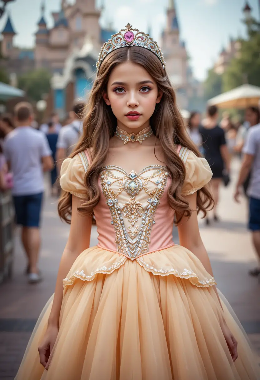 Tween boy in princess dress at a sunny theme park