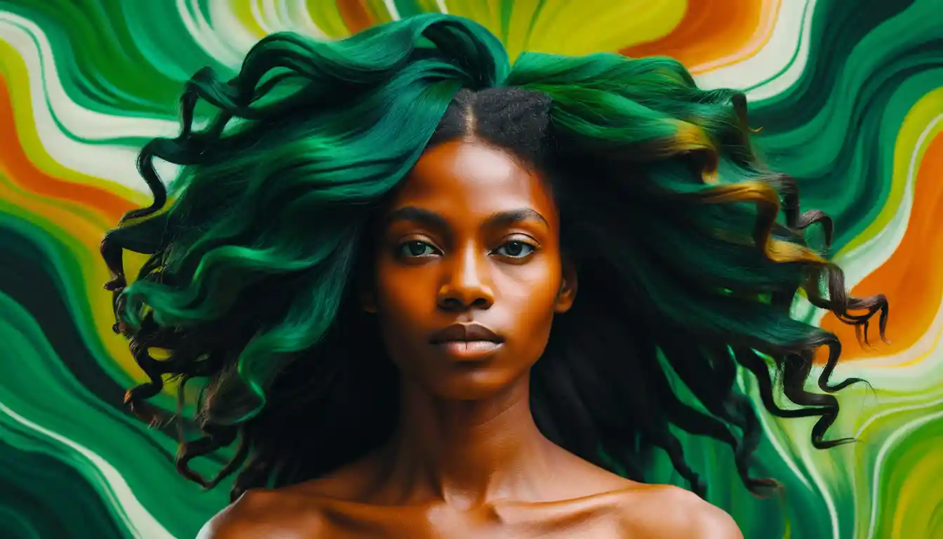 Surreal portrait of a black woman with flowing landscape hair
