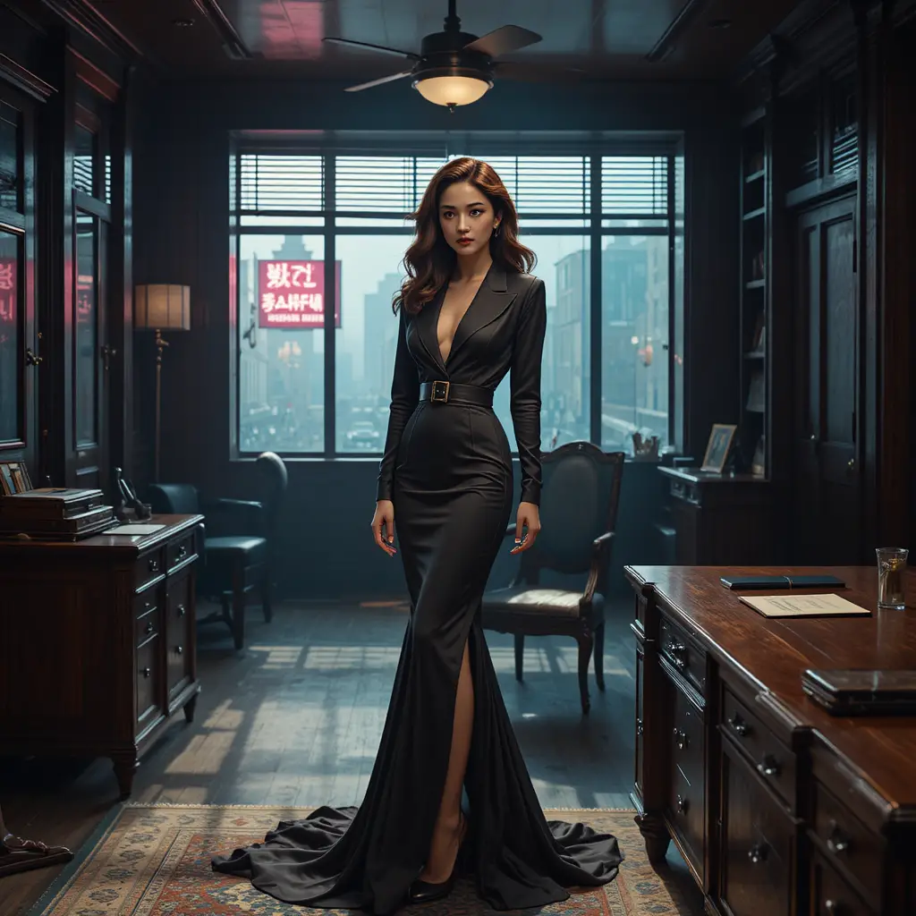Korean woman in noir evening gown beside mahogany desk