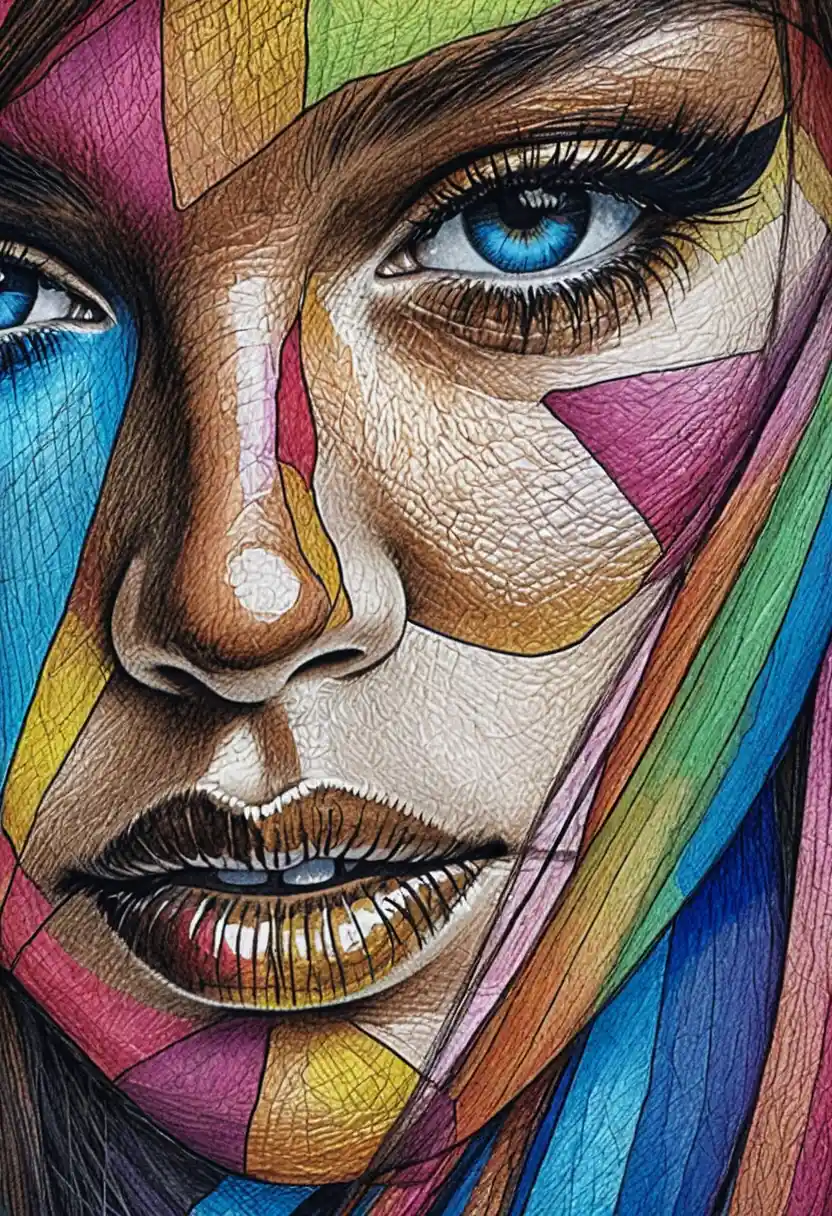 Close up drawing of a woman with vivid blue eye