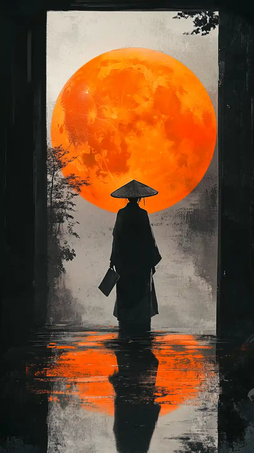 Mujer con kimono en silueta frente a una luna naranja resplandeciente