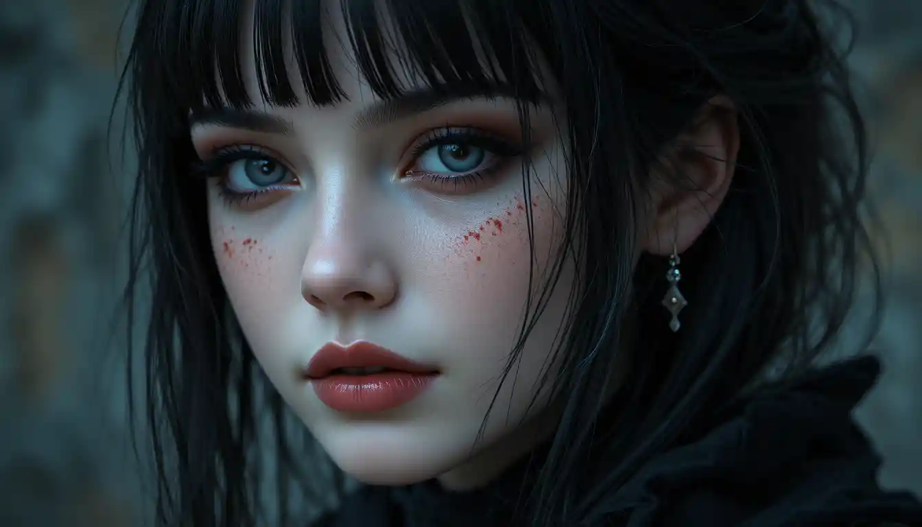 Gothic woman with pale skin and dark blue eyes