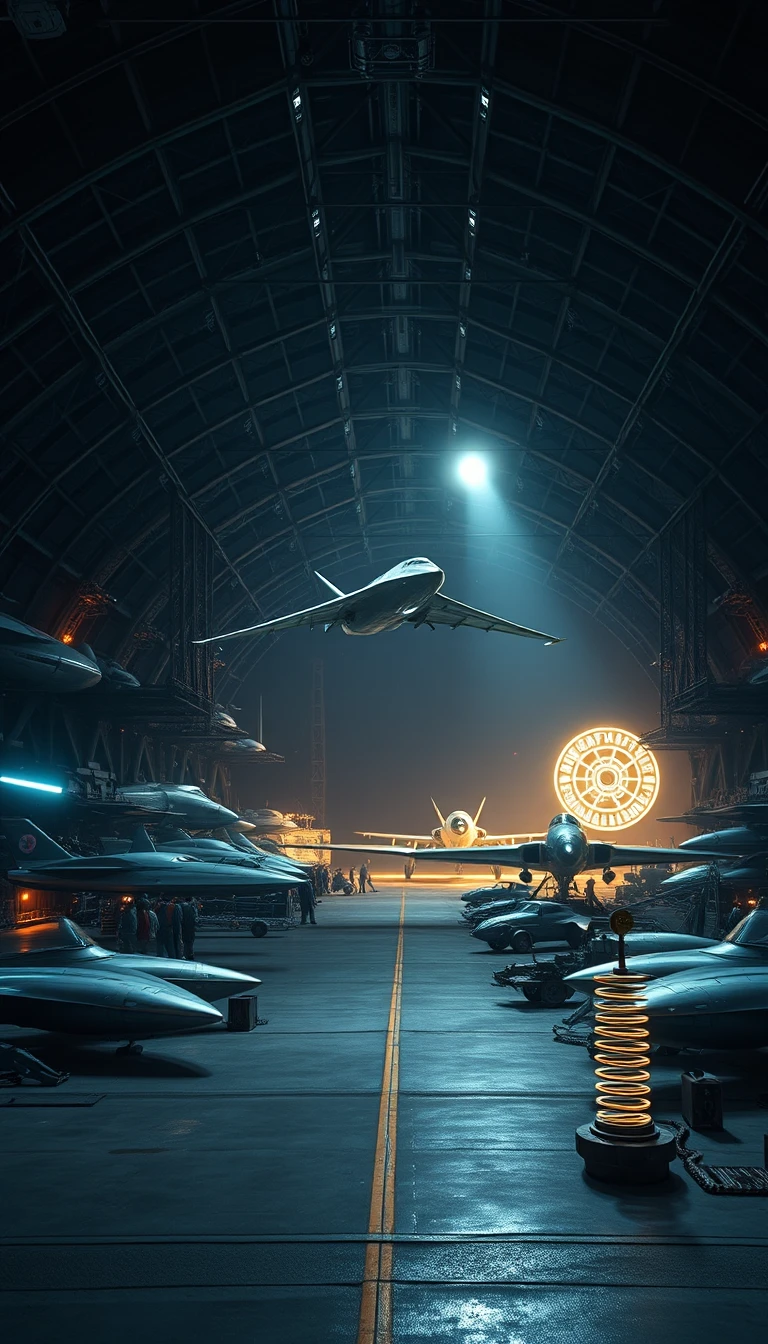 Cinematic wide view of experimental aircraft in vast hangar