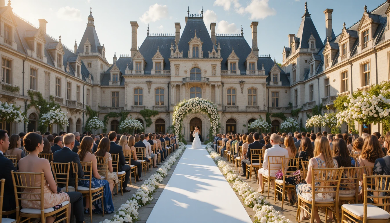 Boda a la hora dorada en el majestuoso patio de un castillo del Valle del Loira