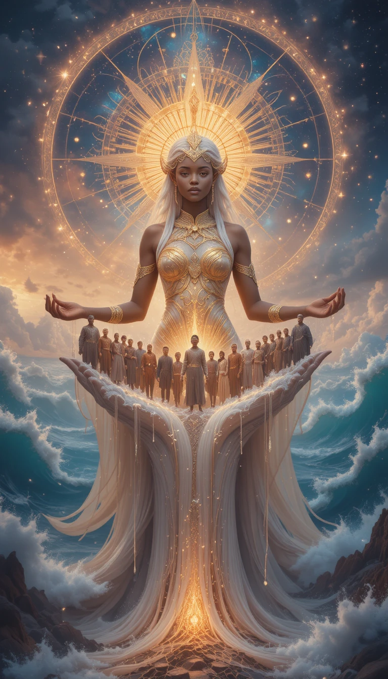 Afrofuturistic goddess cradling diverse people in cosmic waters