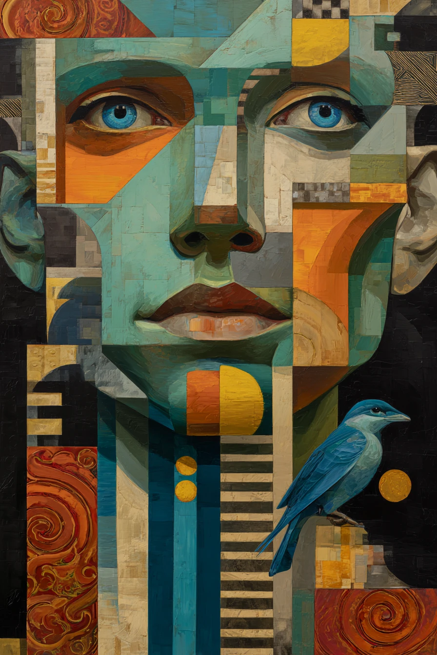 Cubist surreal portrait of an androgynous fragmented face