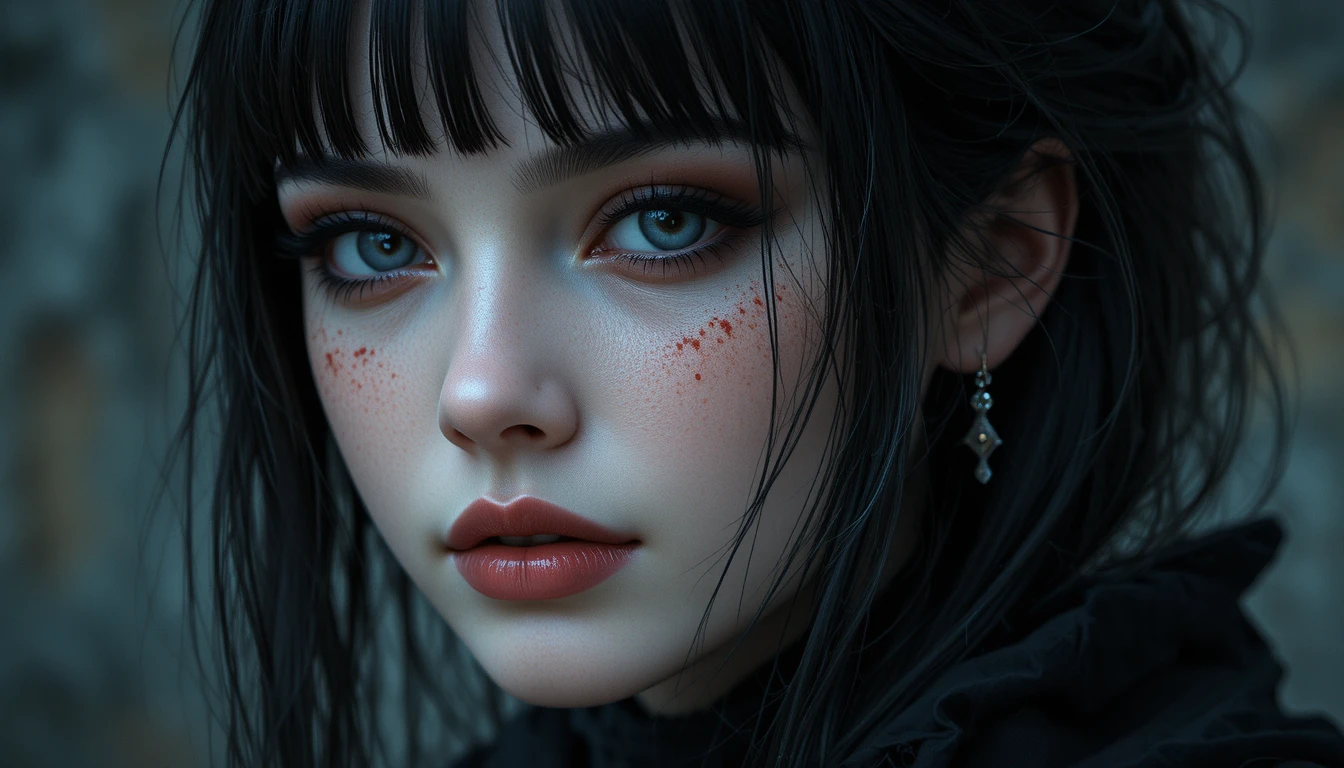 Gothic woman with pale skin and dark blue eyes
