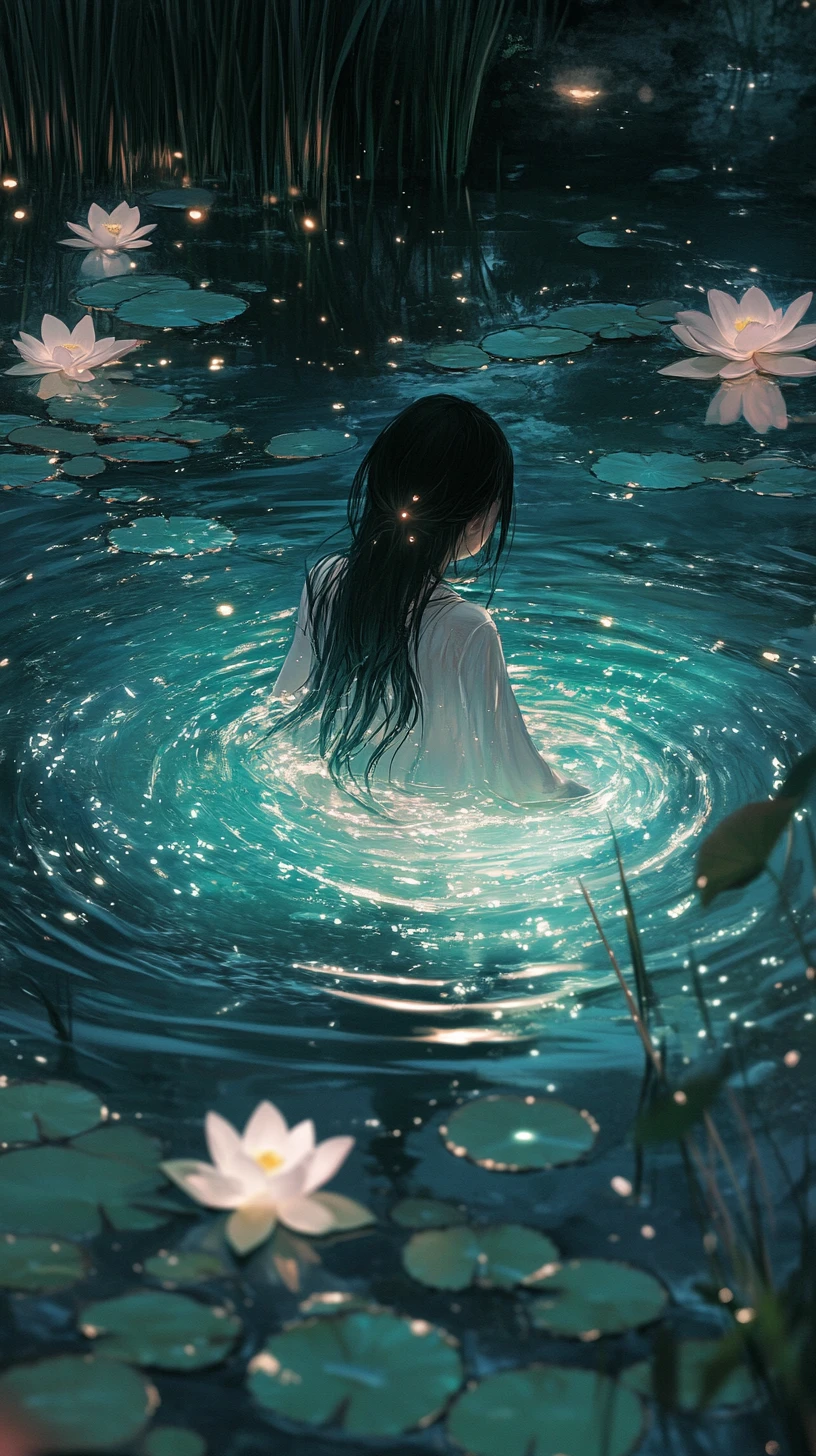 Girl in glowing dress floating in a moonlit pond