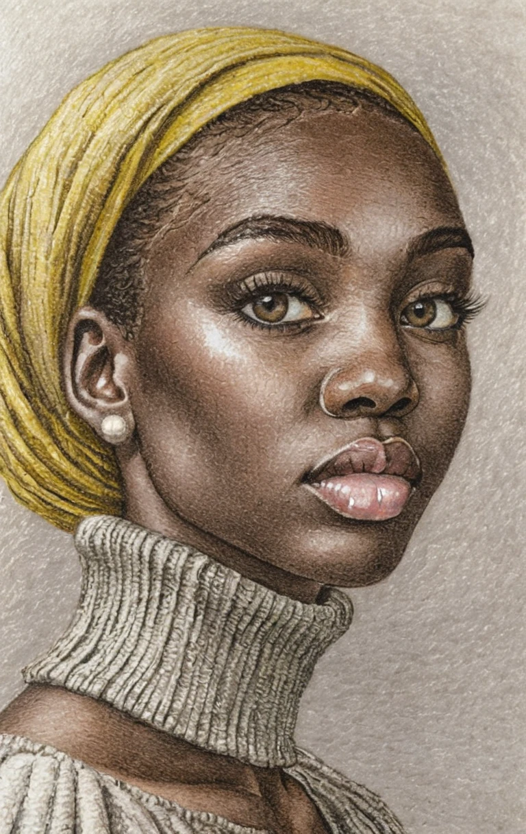 Colored pencil portrait of a young black woman in mustard turban