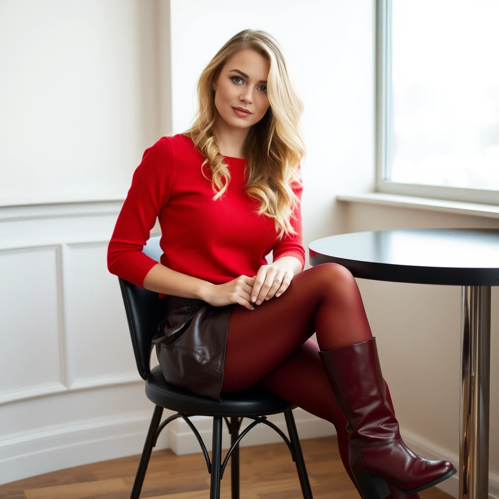 Mujer rubia con ropa roja sentada a una mesa