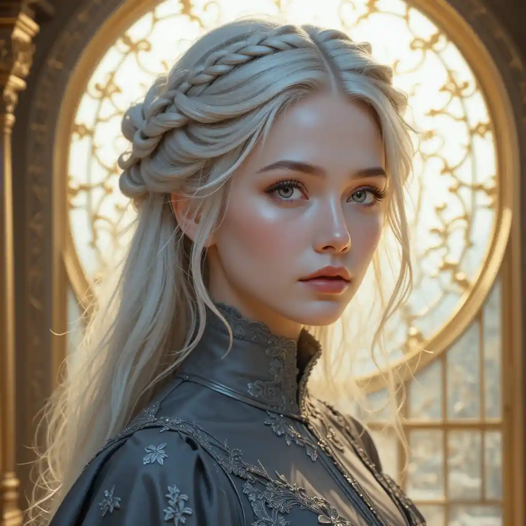 Portrait fantastique d’une jeune fille aux cheveux d’argent en robe victorienne