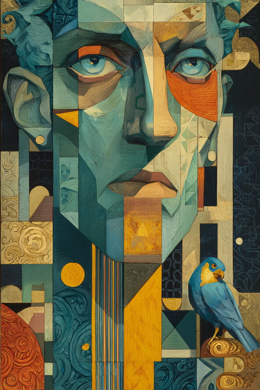 Surreal cubist portrait of an androgynous geometric face
