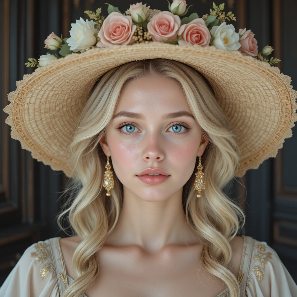 Young blonde woman in floral straw hat portrait