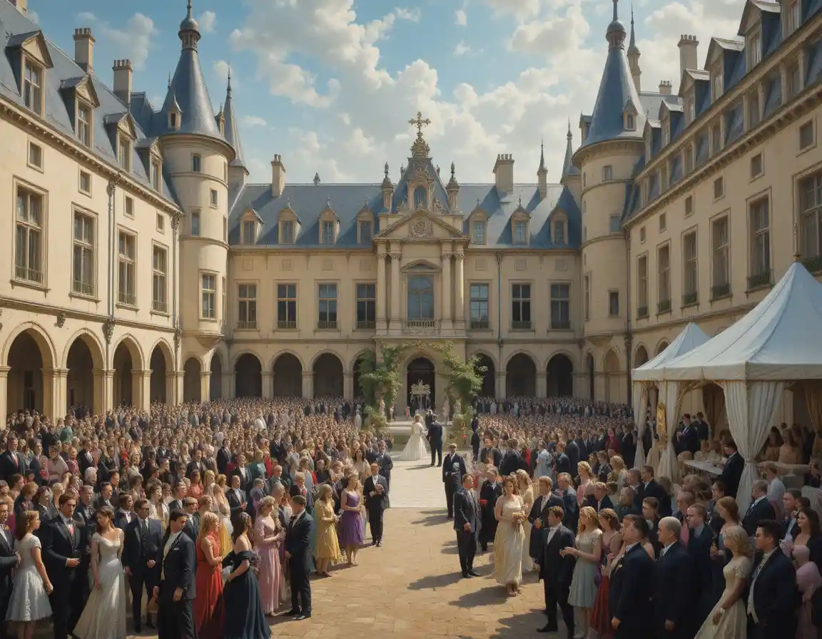 Romantic castle courtyard wedding in a grand wide painting