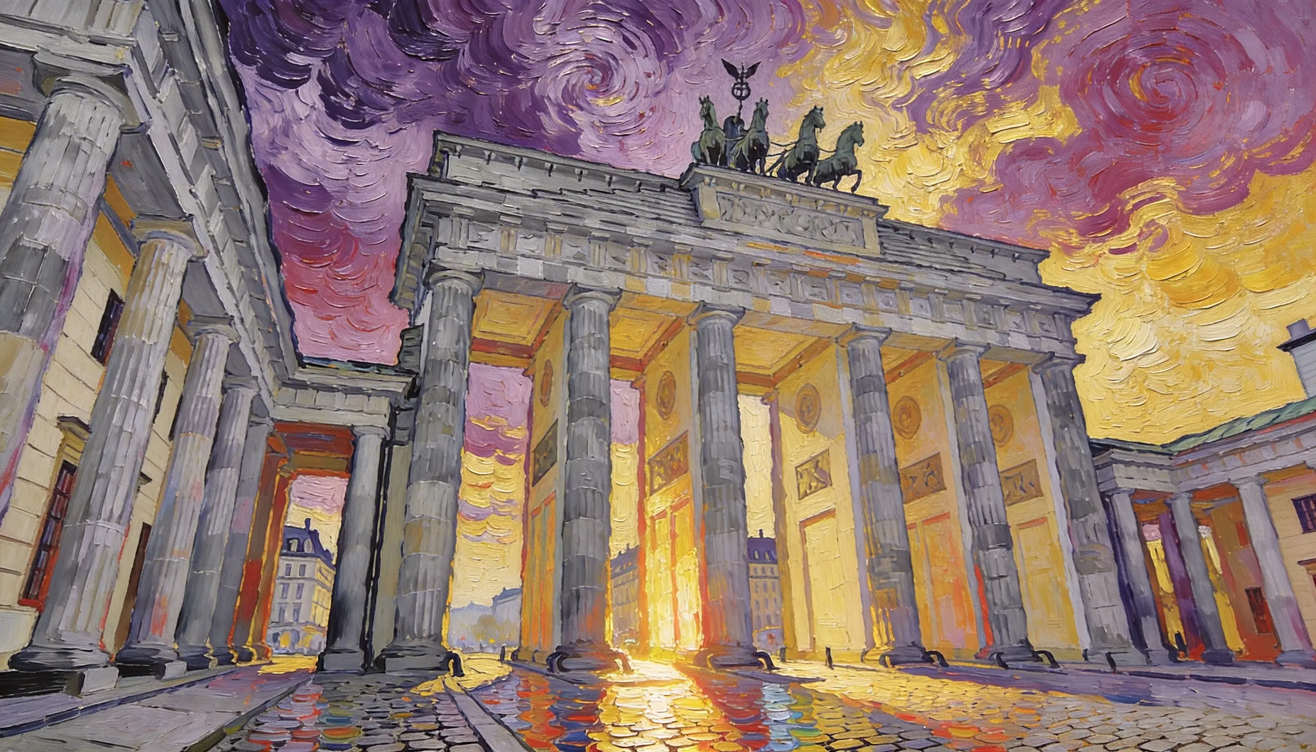 Impasto painting of Berlin city gate under vibrant sky