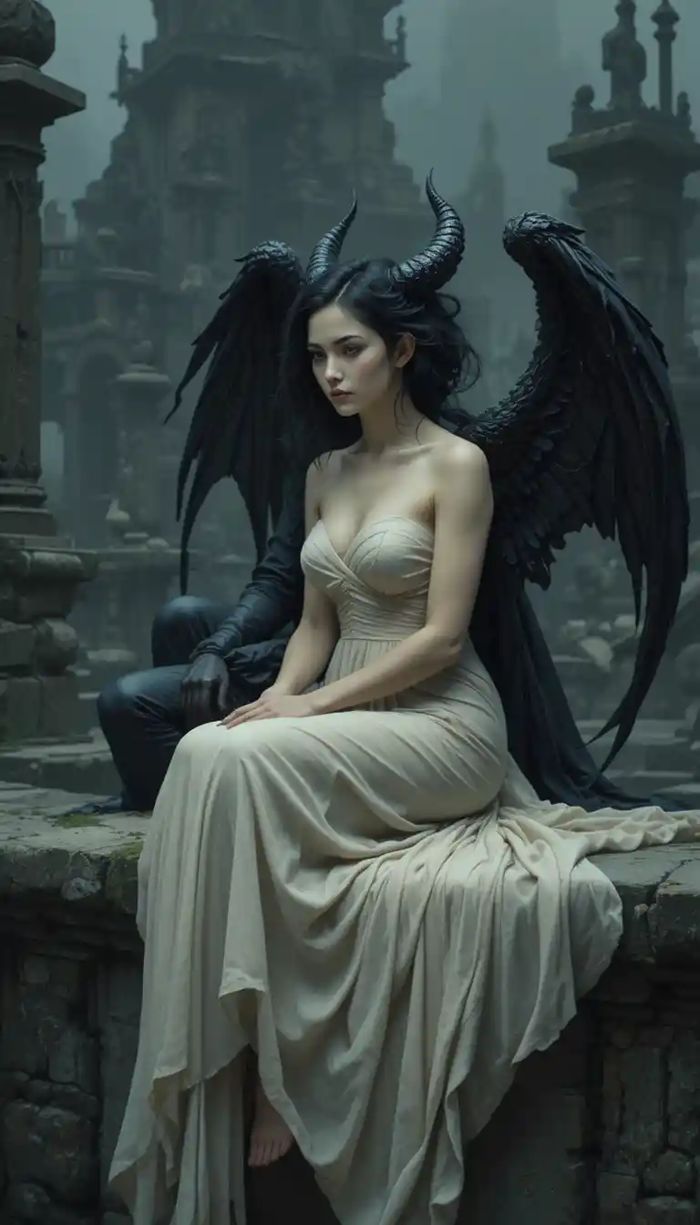 Pale horn haired woman with dark wings in gothic ruins