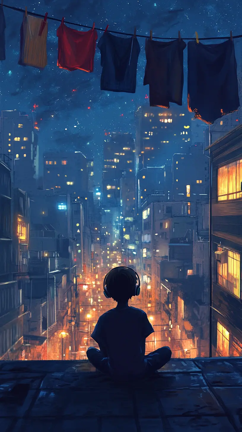 Boy on a quiet rooftop at night above city lights