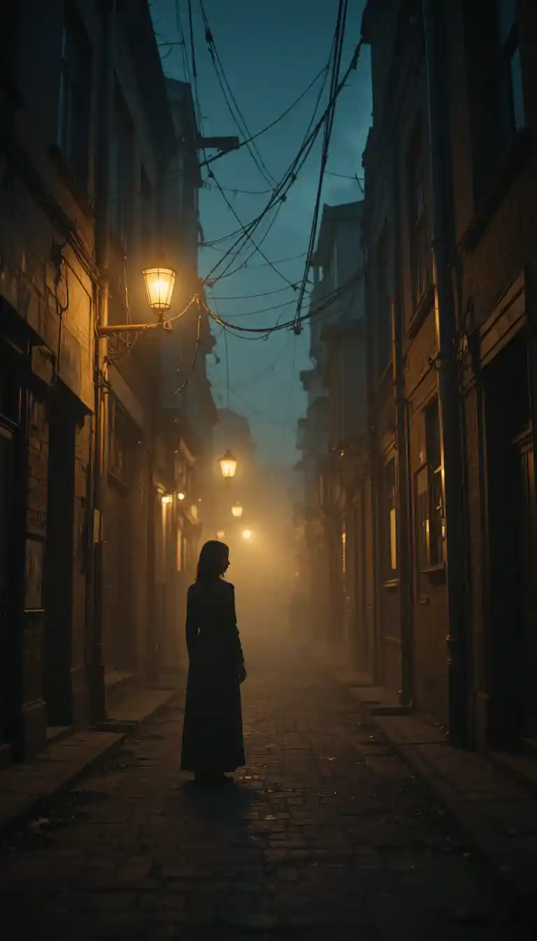 Einsame Silhouette in einer düsteren Gasse mit bedrohlichem Doppelgänger