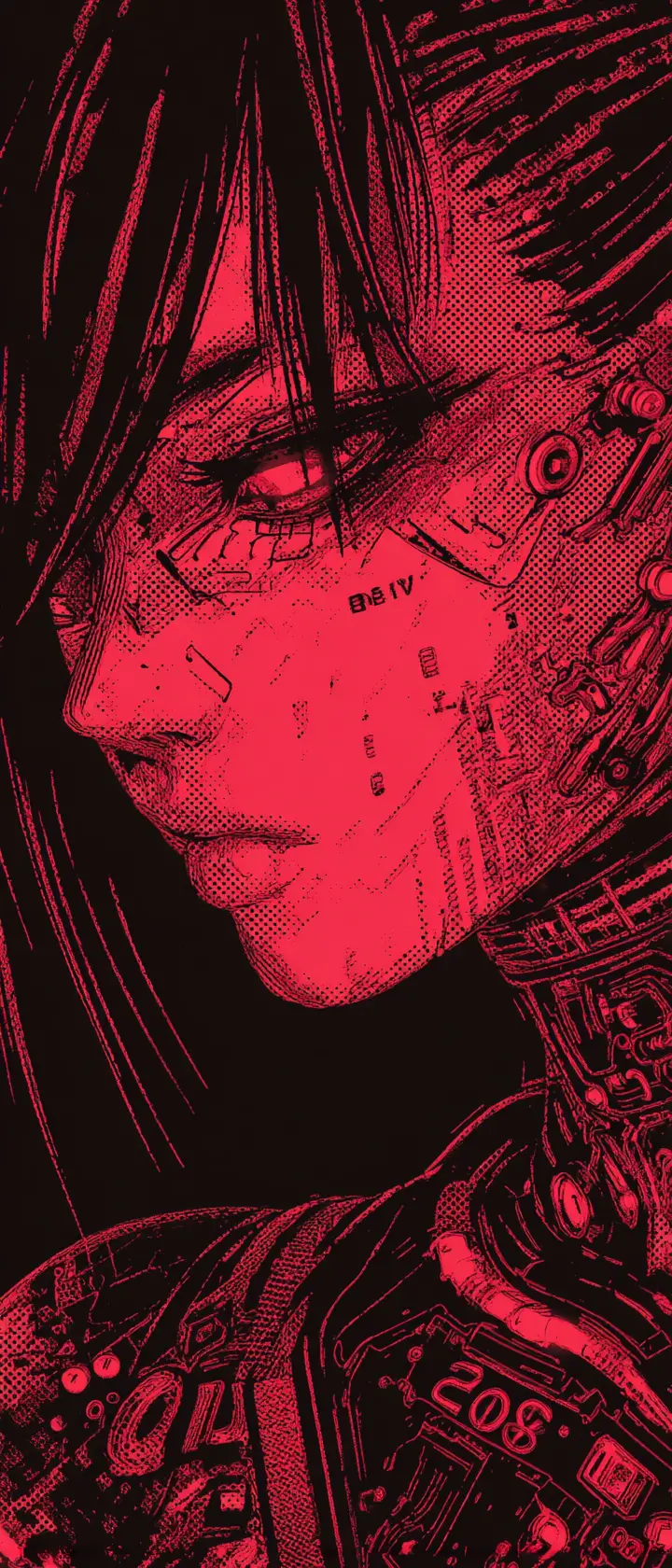 Anime cyberpunk hacker girl in bold red stamp style