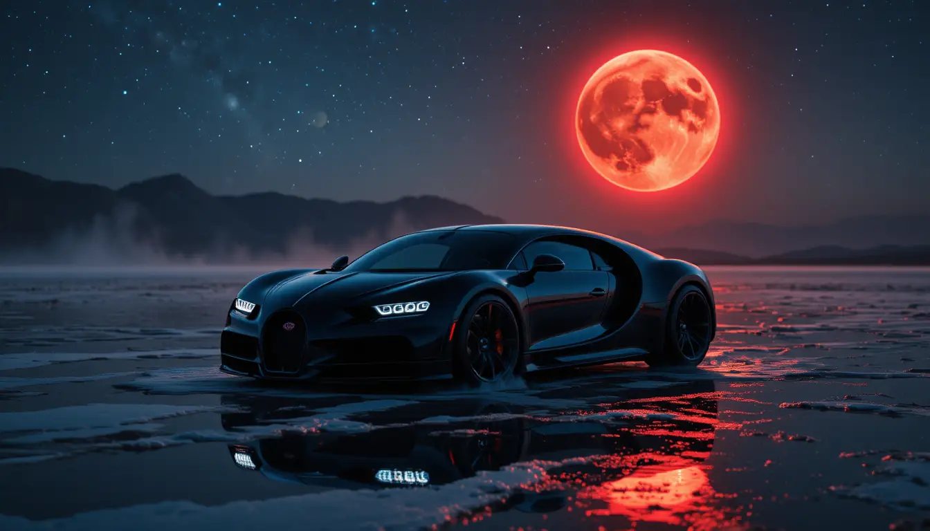 Black sports car on wet salt flat under eclipse sky